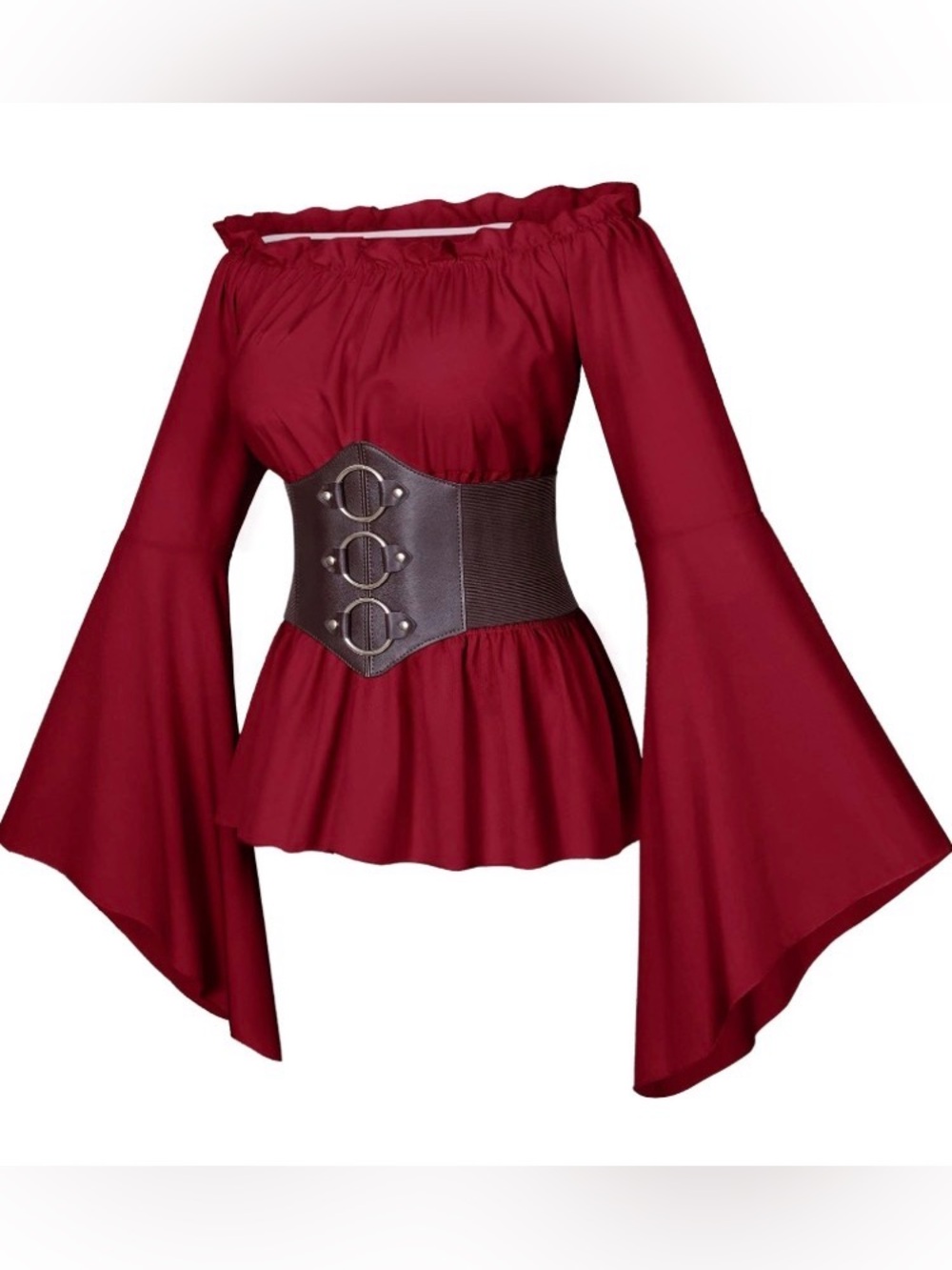 Womens Renaissance Victorian Peasant Ruffle Smocked Waist Pirate Blouse Belt Set